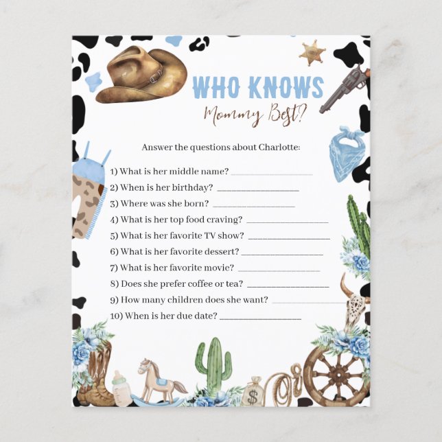 Who Knows Mommy Best Cowboy Baby Shower Game Card (Framsida)