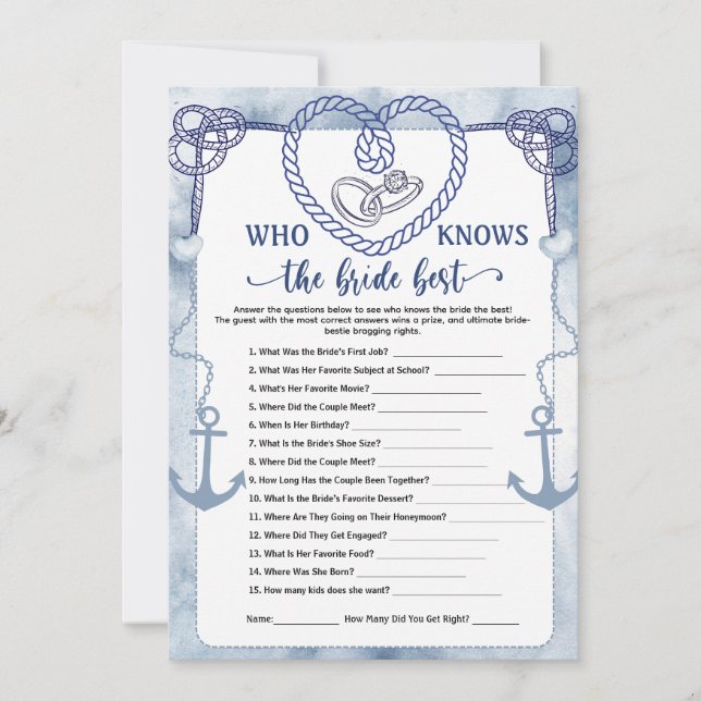 Who Knows the Bride Best Game Nautical Wedding  Inbjudningar (Framsida)