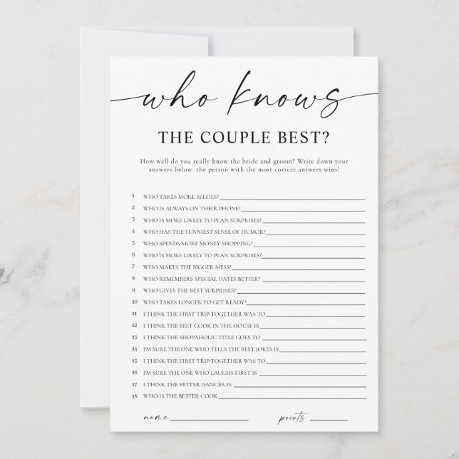 Who Knows the Couple Best Bridal Shower Game Inbjudningar (Framsida)