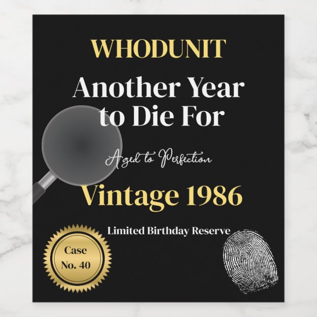 Whodunit Birthday Wine Label | Another Year to Die Vinflaska Etikett (Singel etikett)