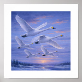 Whooper Swans in Winter Sky – Japanese Wild Bird Poster