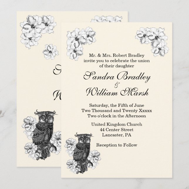Whoo's Getting Married Cream Wedding Invitation Inbjudningar (Fram/baksida)