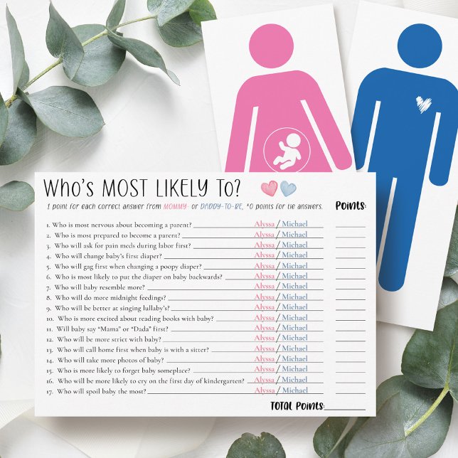 Who's Most Likely To Couple Baby Shower Game Card Inbjudningar (Funny cute Who's Most Likely To mommy-to-be and daddy personalized name fun couple shower game card)