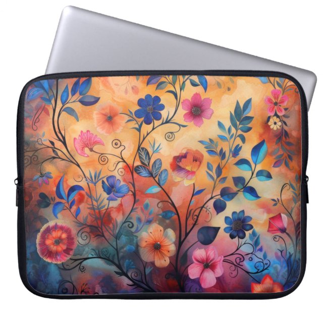 WI-blommor i Rosa, blått, Orange Laptop sleeve (Framsidan)