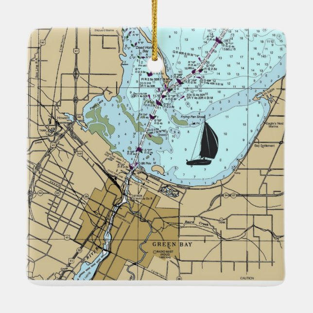 WI Nautical Chart för grönt Bay Julgransprydnad Keramik (Baksida)