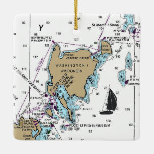 WI Nautical Diagram för ön Washington Julgransprydnad Keramik