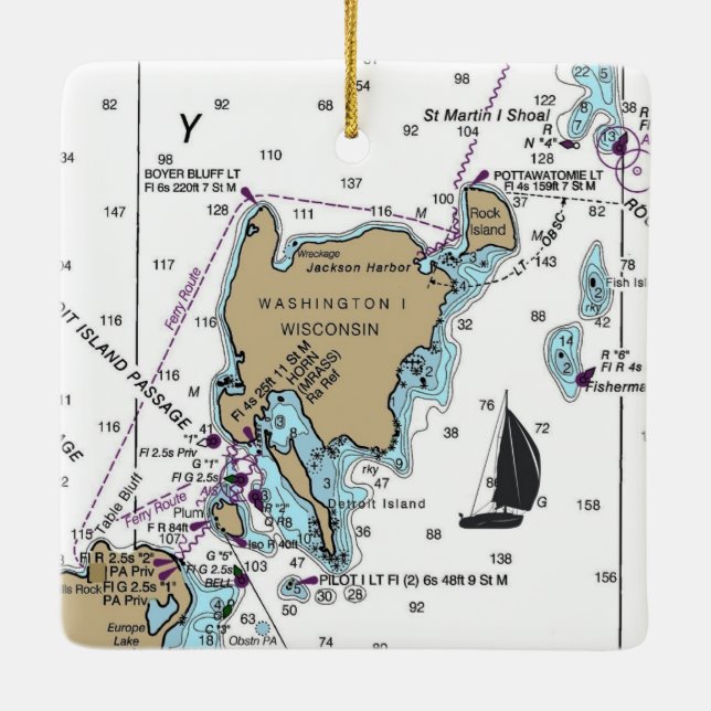 WI Nautical Diagram för ön Washington Julgransprydnad Keramik (Baksida)