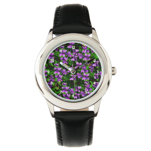 WI State Flower Wood Violet Mosaic Mönster Armbandsur (Framsida)
