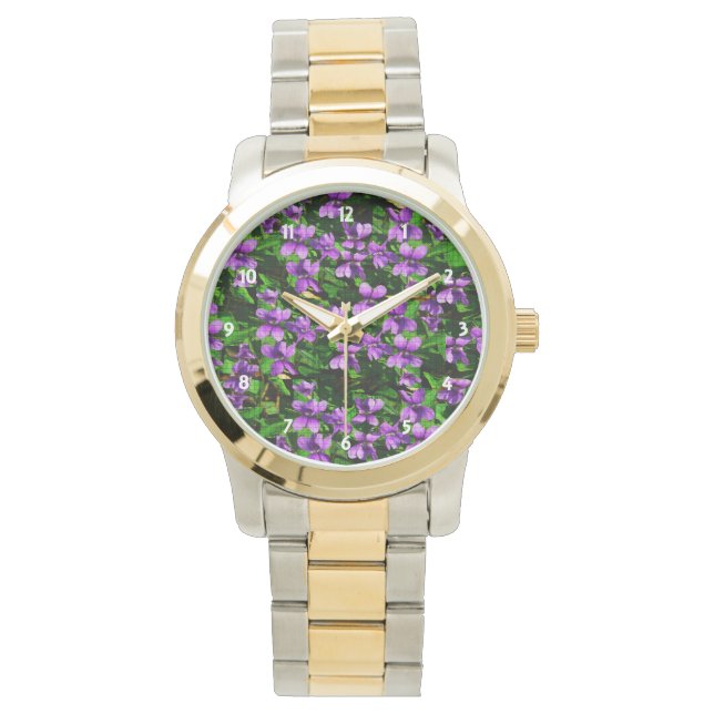 WI State Flower Wood Violet Mosaic Mönster Armbandsur (Framsida)