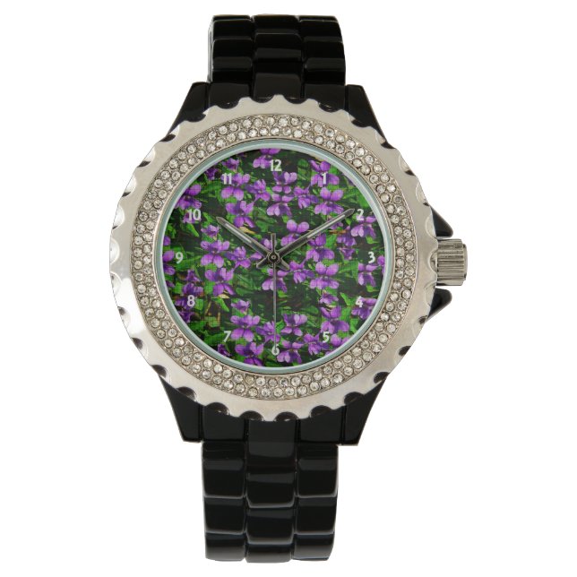 WI State Flower Wood Violet Mosaic Mönster Armbandsur (Framsida)