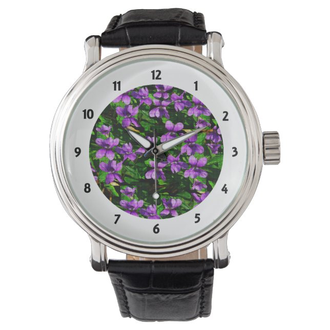 WI State Flower Wood Violet Mosaic Mönster Armbandsur (Framsida)