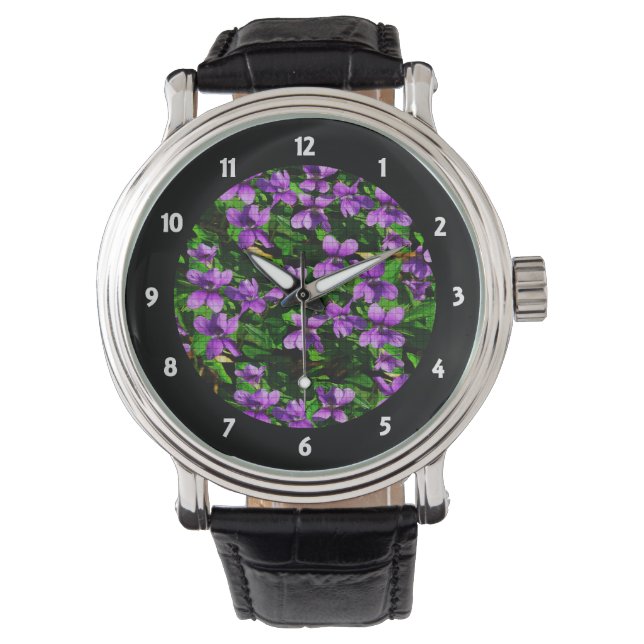 WI State Flower Wood Violet Mosaic Mönster Armbandsur (Framsida)