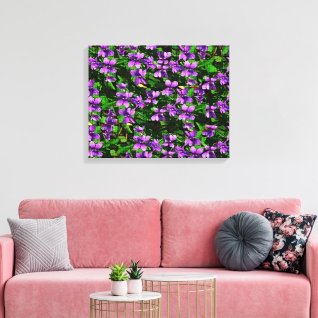WI State Flower Wood Violet Mosaic Mönster Canvastryck (Insitu (Vardagsrum))