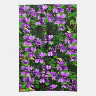 WI State Flower Wood Violet Mosaic Mönster Kökshandduk