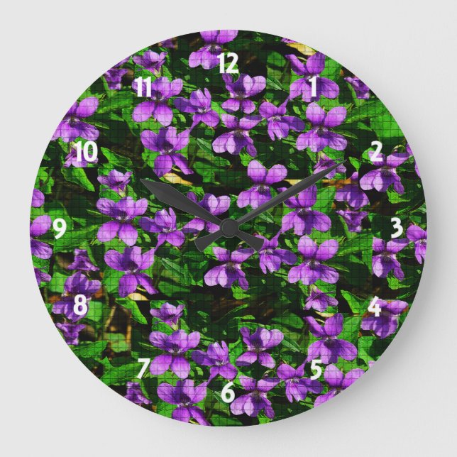 WI State Flower Wood Violet Mosaic Mönster Stor Klocka (Framsida)