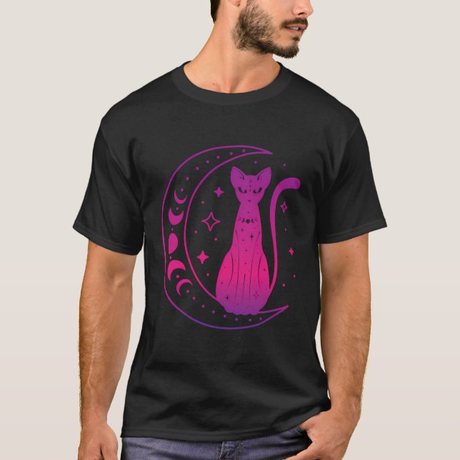 Wicca Black Cat Familiar med Magic Måne Cycle P T Shirt (Framsida)