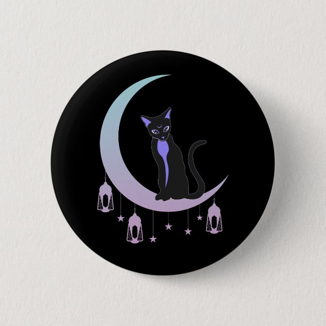 Wicca Crescent Måne Mystical Cat Pastel Goth Knapp (Framsida)