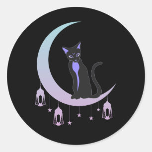 Wicca Crescent Måne Mystical Cat Pastel Goth Runt Klistermärke