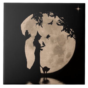 Wicca Inspired Art Tile of Witch with Familiars Kakelplatta