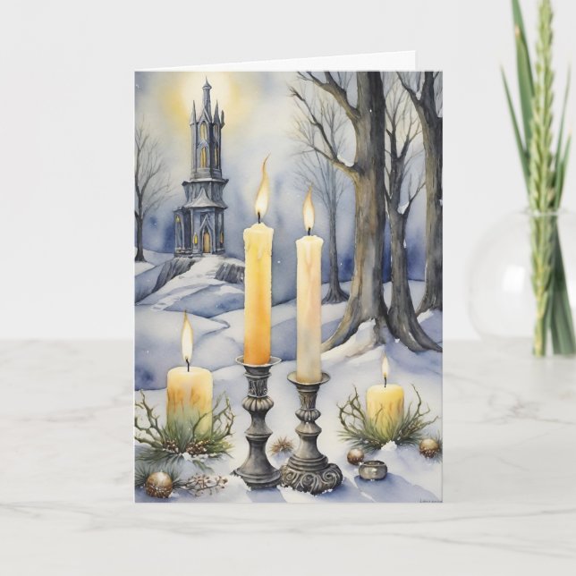 Wiccan Imbolc Gult Candles in Snowy Forest Helgkort (Framsida)