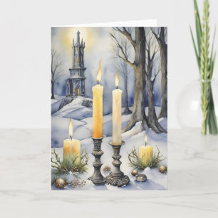 Wiccan Imbolc Gult Candles in Snowy Forest Helgkort