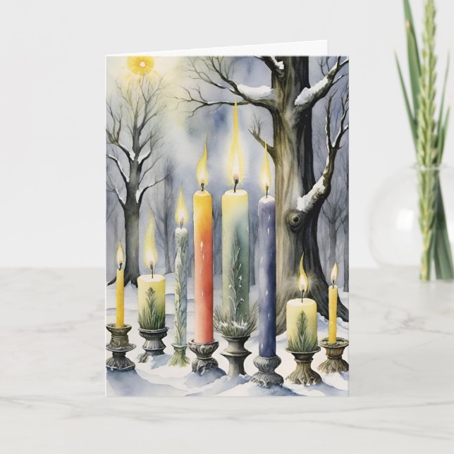 Wiccan Imbolc Rainbow Candles in Snowy Forest Helgkort (Framsida)