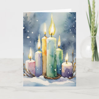 Wiccan Imbolc Rainbow Candles in Snowy Forest Helgkort
