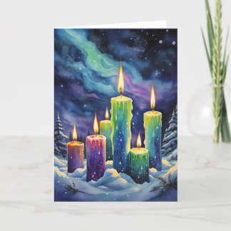 Wiccan Imbolc Rainbow Candles in Snowy Forest Helgkort
