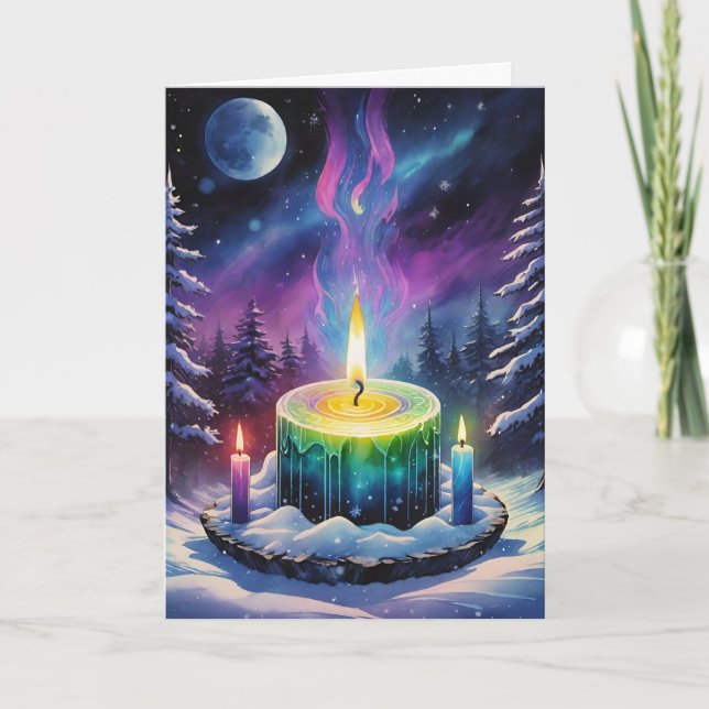 Wiccan Imbolc Rainbow Candles in Snowy Forest Helgkort (Framsida)