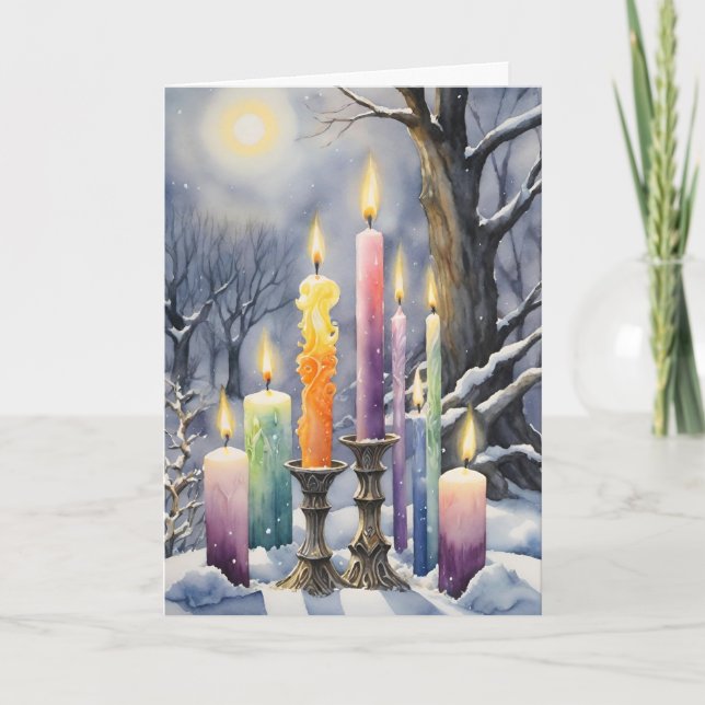 Wiccan Imbolc Rainbow Candles in Snowy Forest Helgkort (Framsida)
