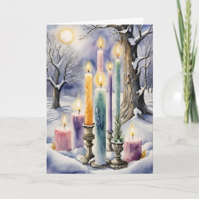 Wiccan Imbolc Rainbow Candles in Snowy Forest Helgkort (Framsida)