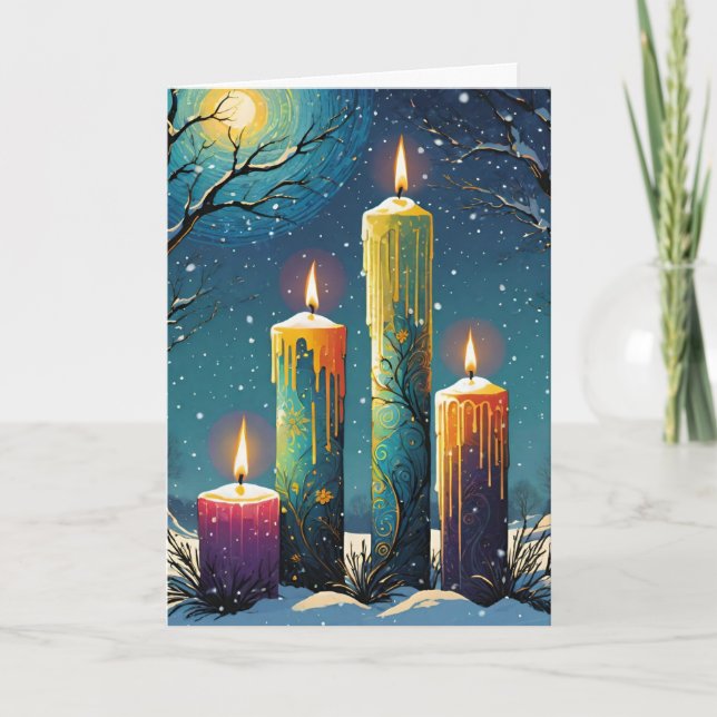 Wiccan Imbolc Rainbow Candles in Snowy Forest Helgkort (Framsida)