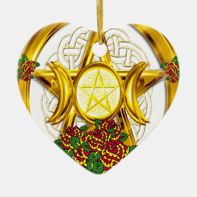 Wiccan Pagan Pentacle Guld med Ro Julgransprydnad Keramik (Framsidan)