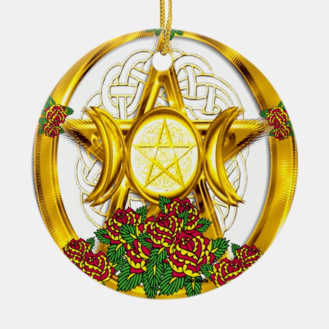 Wiccan Pagan Pentacle Guld med Ro Julgransprydnad Keramik (Framsidan)