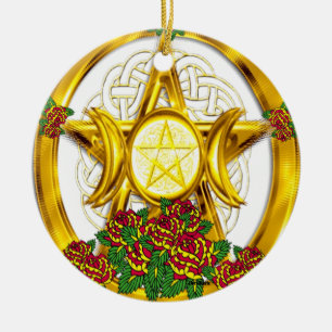 Wiccan Pagan Pentacleguld med ro Julgransprydnad Keramik