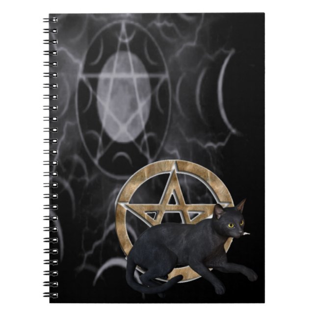 Wiccan pentacle med svart katt anteckningsbok med spiral (Framsidan)