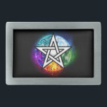 Wiccan pentagram<br><div class="desc">Artiskt ritad, ljuspentagram med fem magiska inslag, vatten, jord, eld, stral, luft på svart bakgrund. Wiccan pentagram. Wicca</div>