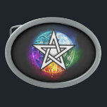 Wiccan pentagram<br><div class="desc">Artiskt ritad, ljuspentagram med fem magiska inslag, vatten, jord, eld, stral, luft på svart bakgrund. Wiccan pentagram. Wicca</div>