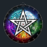Wiccan pentagram darttavla<br><div class="desc">Artiskt ritad, ljuspentagram med fem magiska inslag, vatten, jord, eld, stral, luft pÄ svart bakgrund. Wiccan pentagram. Wicca</div>