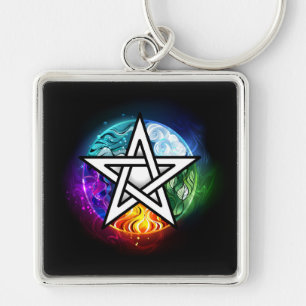 Wiccan pentagram fyrkantig silverfärgad nyckelring