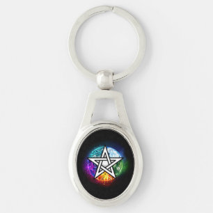 Wiccan pentagram ovalt silverfärgad nyckelring