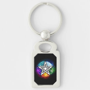 Wiccan pentagram rektangulärt silverfärgad nyckelring