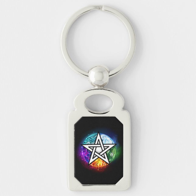 Wiccan pentagram rektangulärt silverfärgad nyckelring (Framsidan)