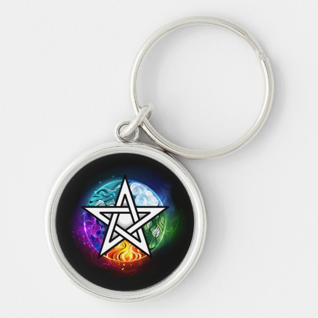 Wiccan pentagram rund silverfärgad nyckelring (Framsidan)