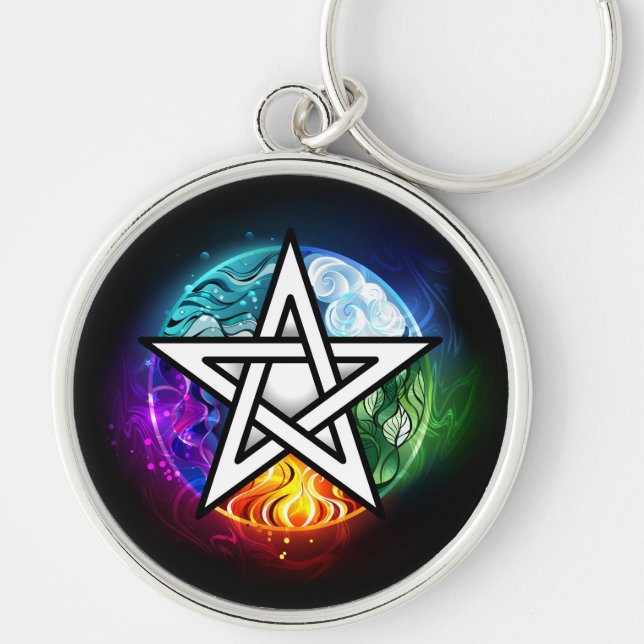 Wiccan pentagram rund silverfärgad nyckelring (Framsidan)