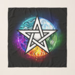 Wiccan pentagram sjal<br><div class="desc">Artiskt ritad, ljuspentagram med fem magiska inslag, vatten, jord, eld, stral, luft på svart bakgrund. Wiccan pentagram. Wicca</div>