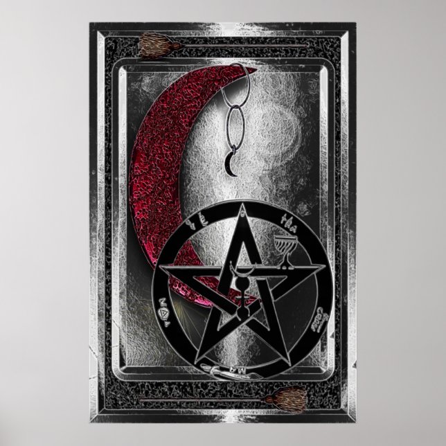 Wiccan Silver Cresent Måne & Pentacle Poster (Framsidan)