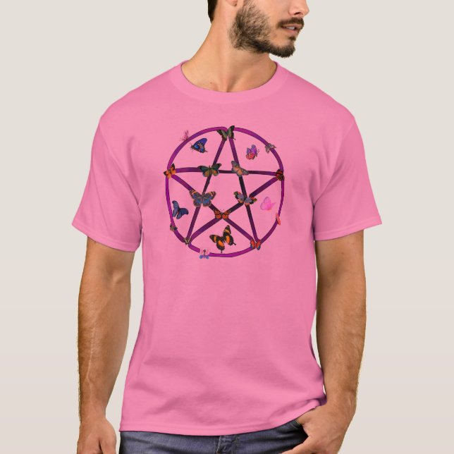 Wiccan stjärna och fjärilar t shirt (Framsida)