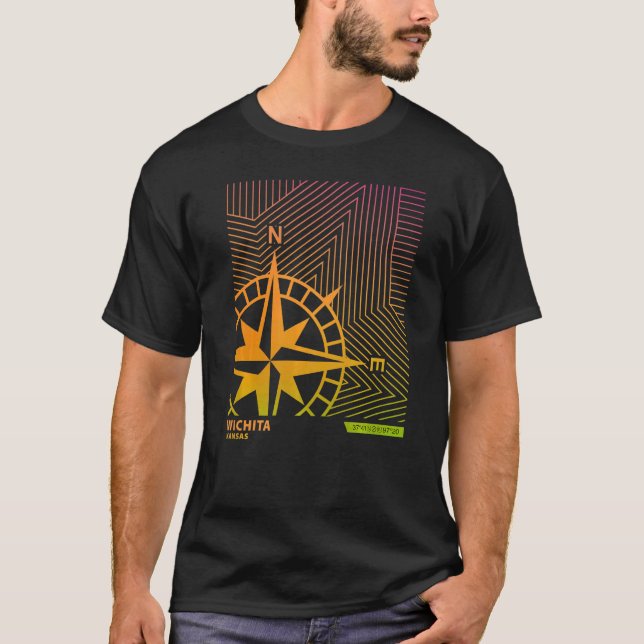 Wichita Kansas America Ombre Gradient Compass Line T Shirt (Framsida)