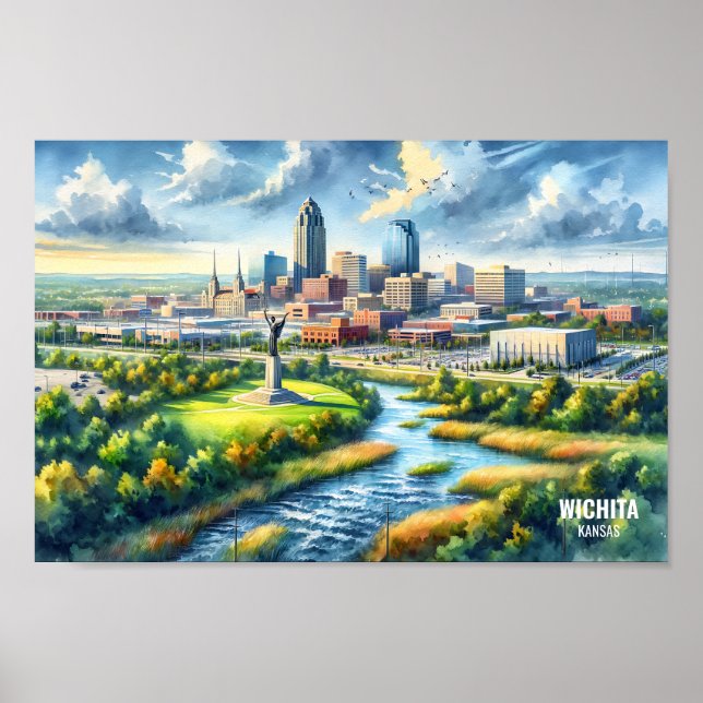 Wichita Kansas Berömd Travel Ställe, vattenfärg Poster (Framsidan)